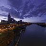 Nashville skyline at dusk from the Shelby Street Pedestrian Bridge overlooking the Cumberland River